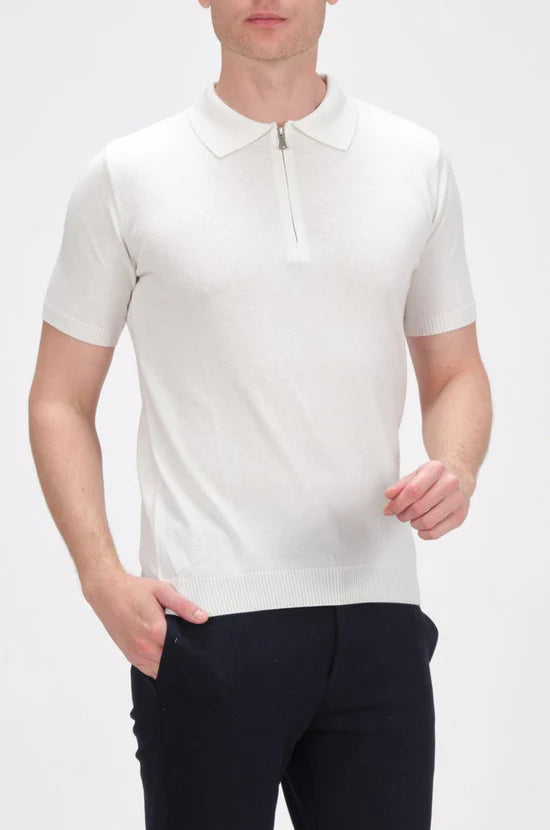 Zipper Knitted Polo Tee - White