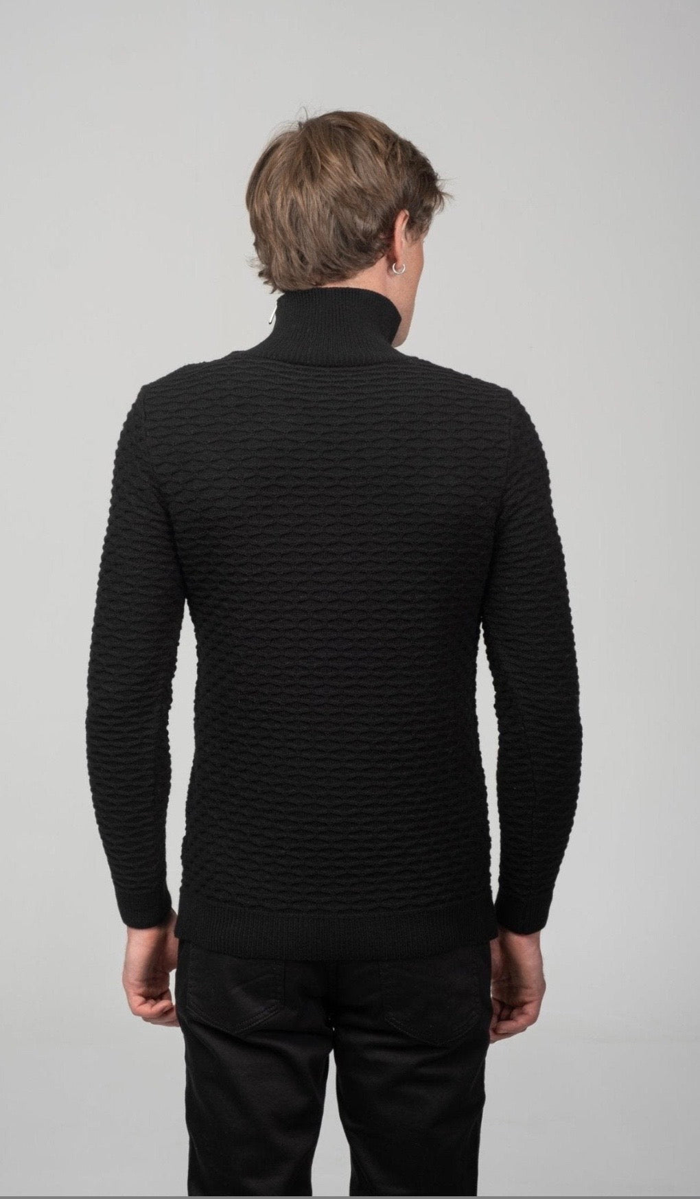 Neck Zipper Honeycombow Sweater Black