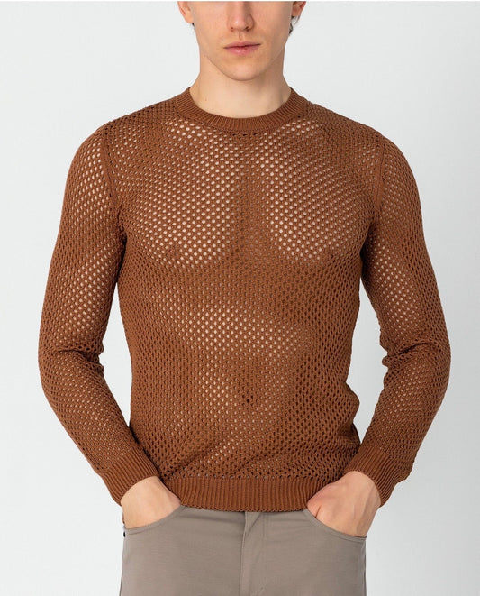 See Through Fishnet Muscle Fit Shirt Brown