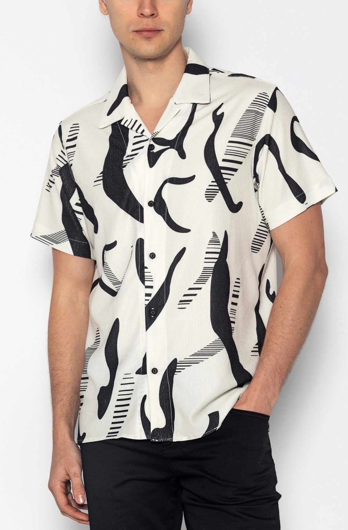 Allover Pattern Collar Shirt Black White