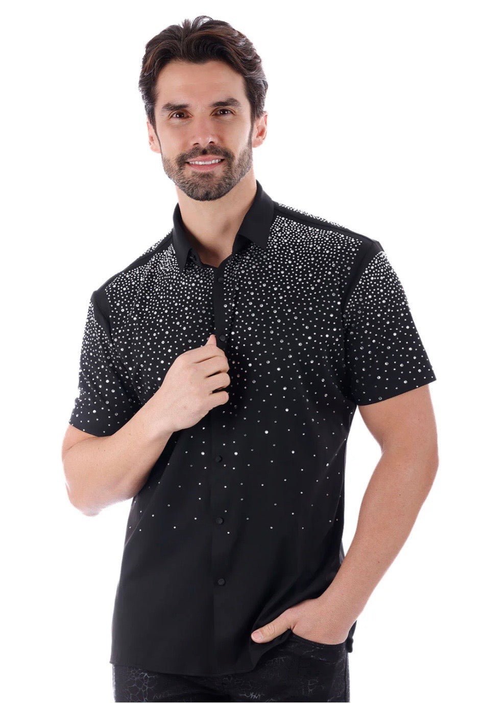 rhinestone dress shirt Blue Baroque Rhinestone Regular-Fit Dress Shirt Blue / XL
