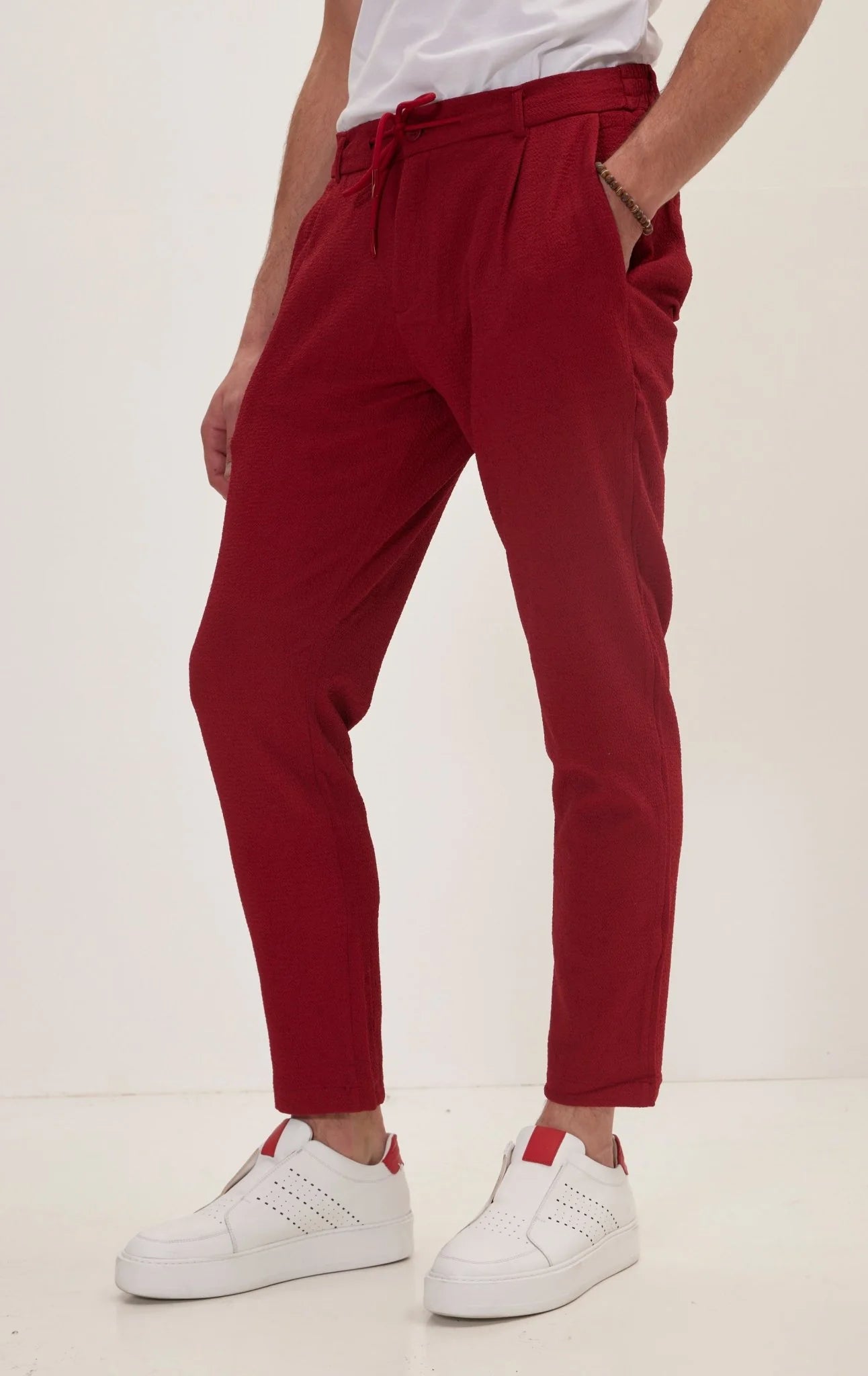 Front Pleated Waffle Pants - Bordeaux
