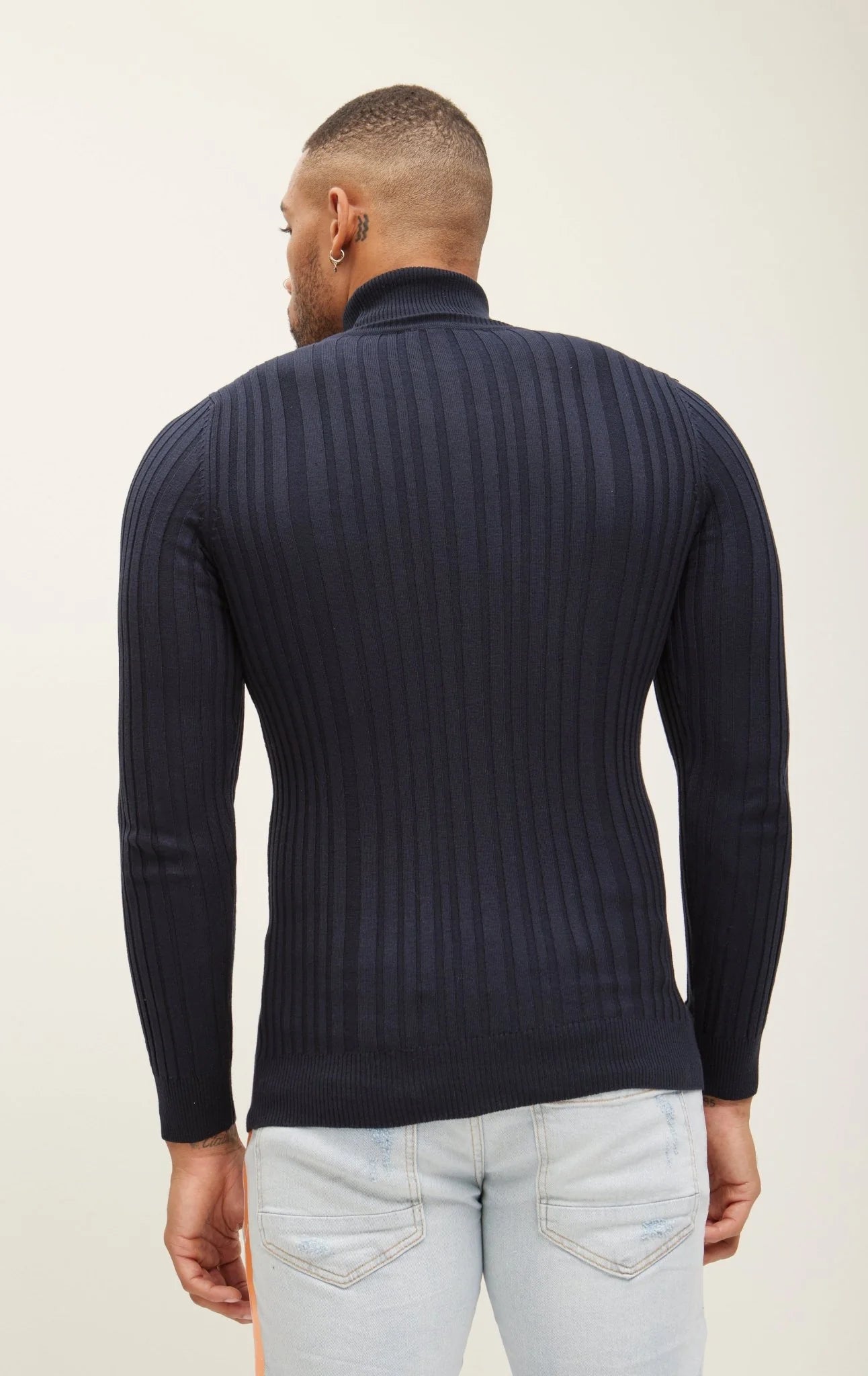 Roll Neck Ribbed Sweater -Navy