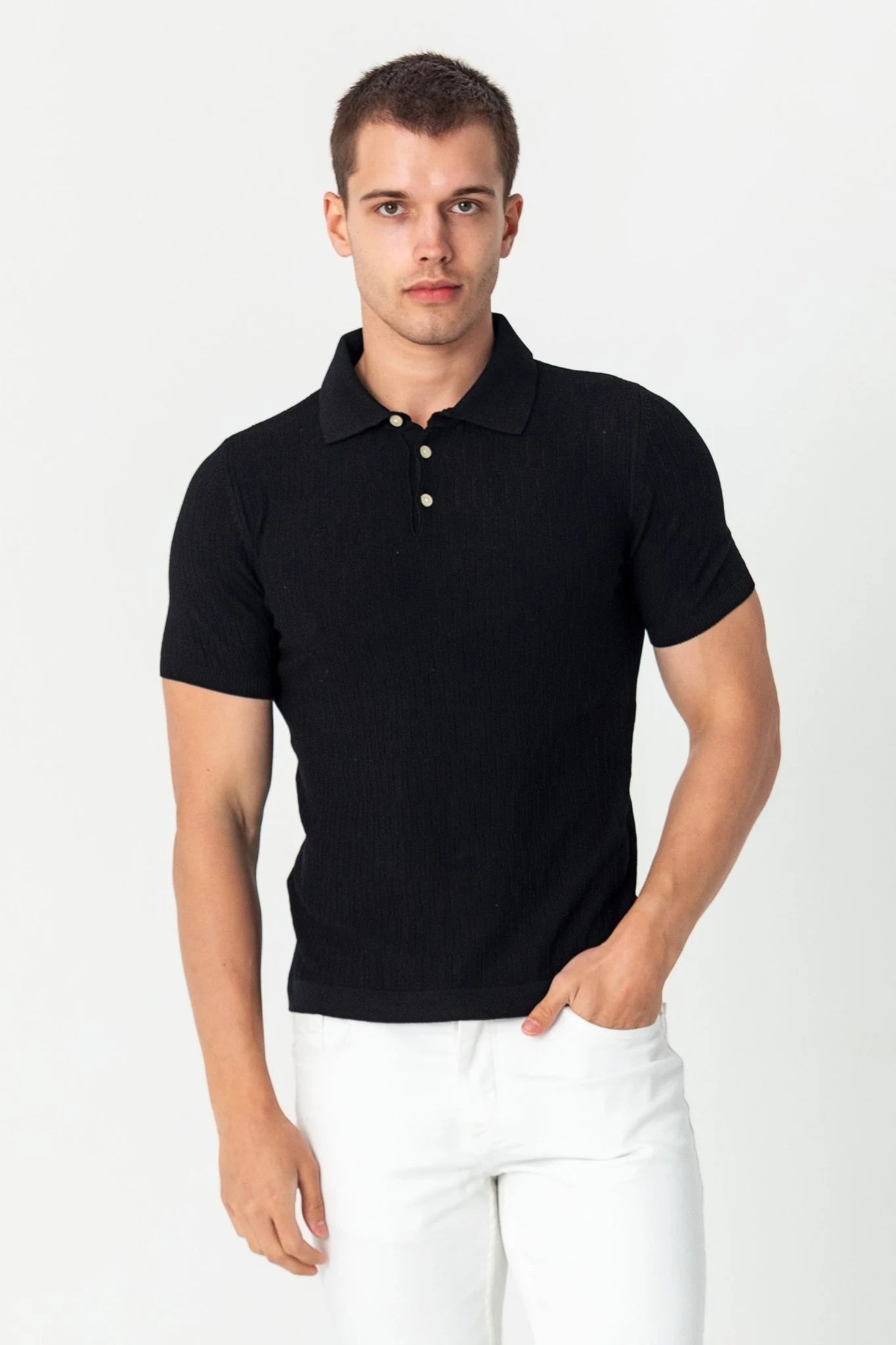 Short Sleeve Textured Polo Shirt Black
