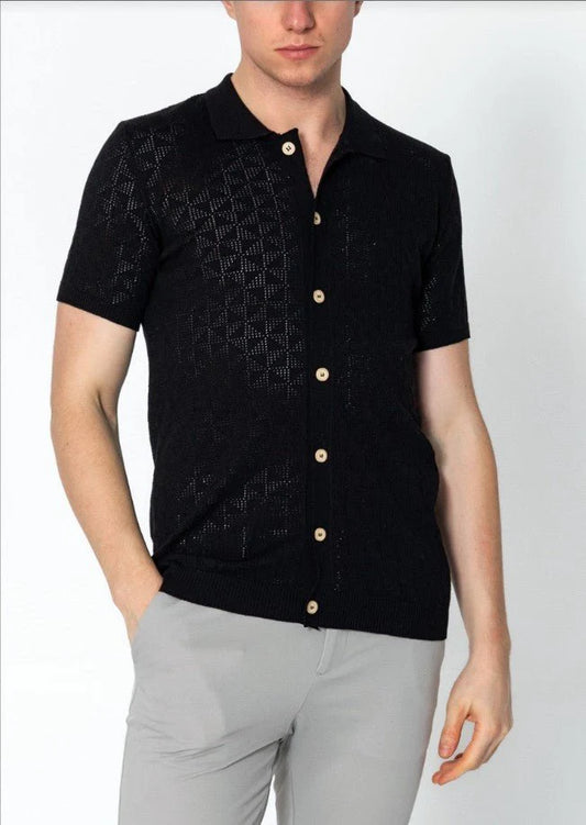 Geometric Crochet Knit Polo Black