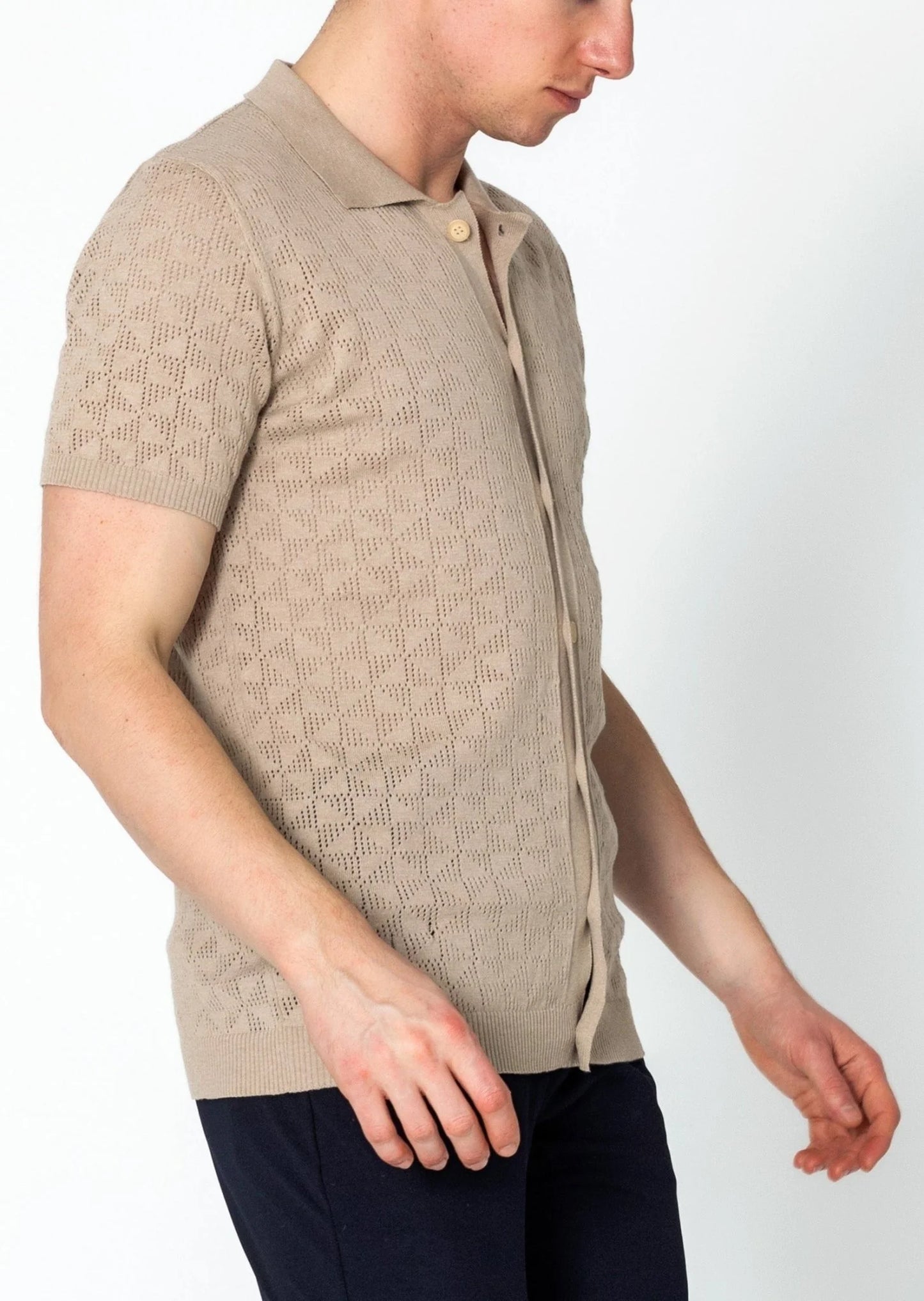 Geometric Crochet Knit Polo Stone