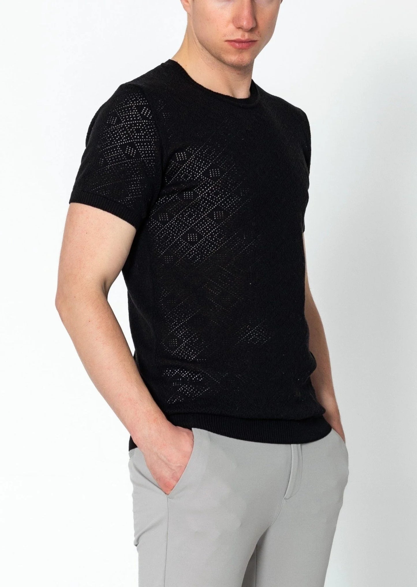 Geometric Crochet Knit Top Black