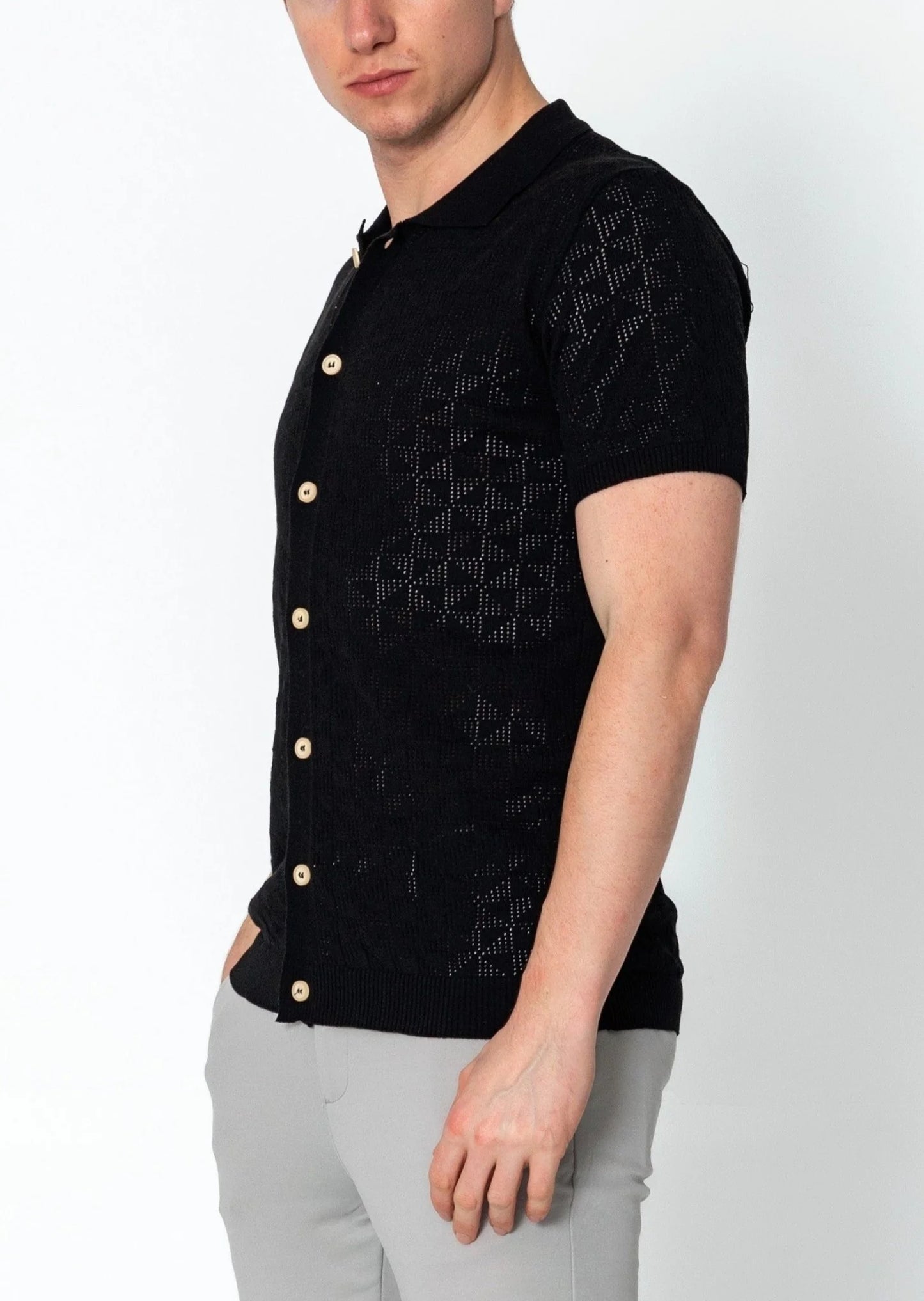 Geometric Crochet Knit Polo Black