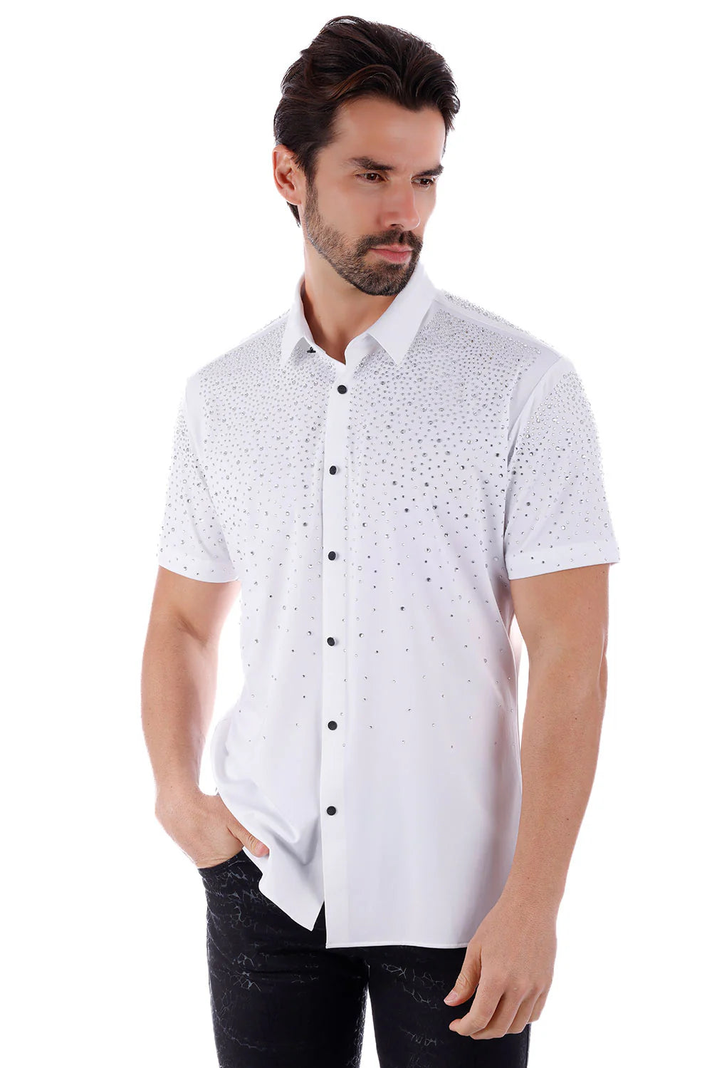 Edgy Bandwagon short Sleeve Shirts White Silver