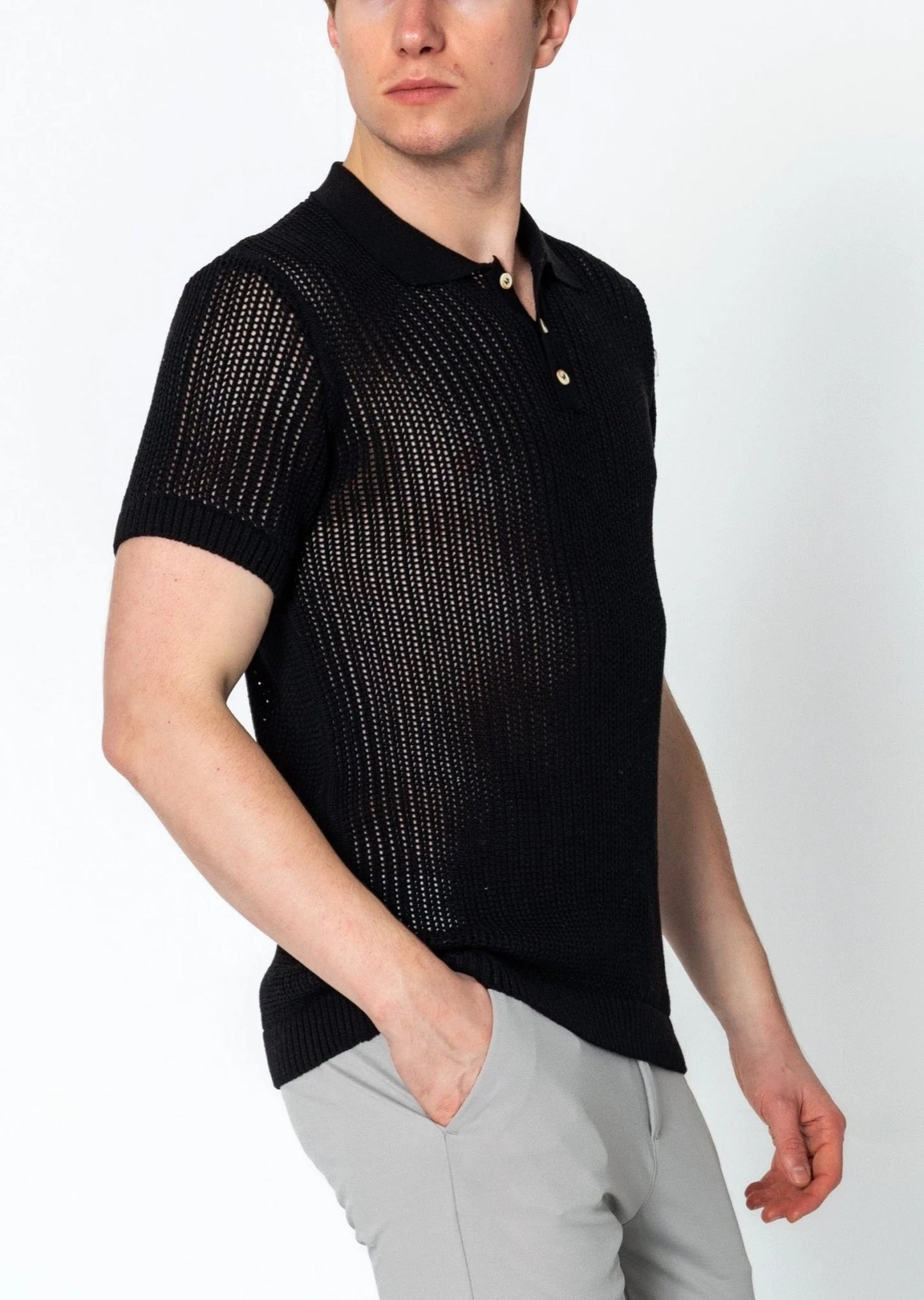 Openwork Knit Polo Tee - Black