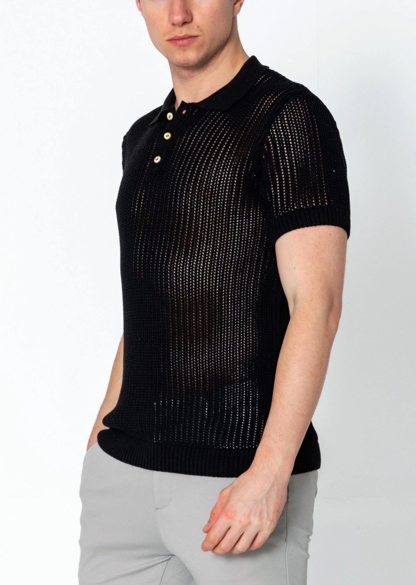 Openwork Knit Polo Tee - Black