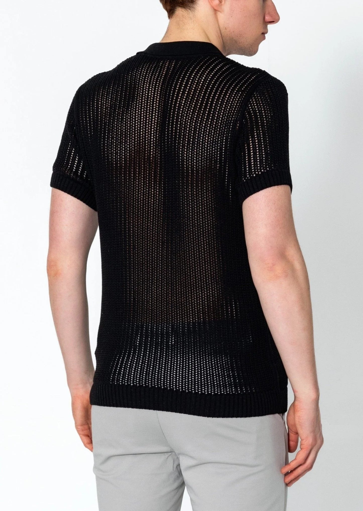 Openwork Knit Polo Tee - Black