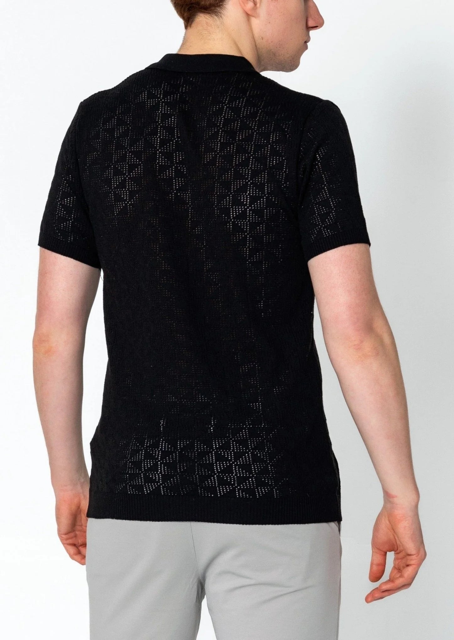 Geometric Crochet Knit Polo Black