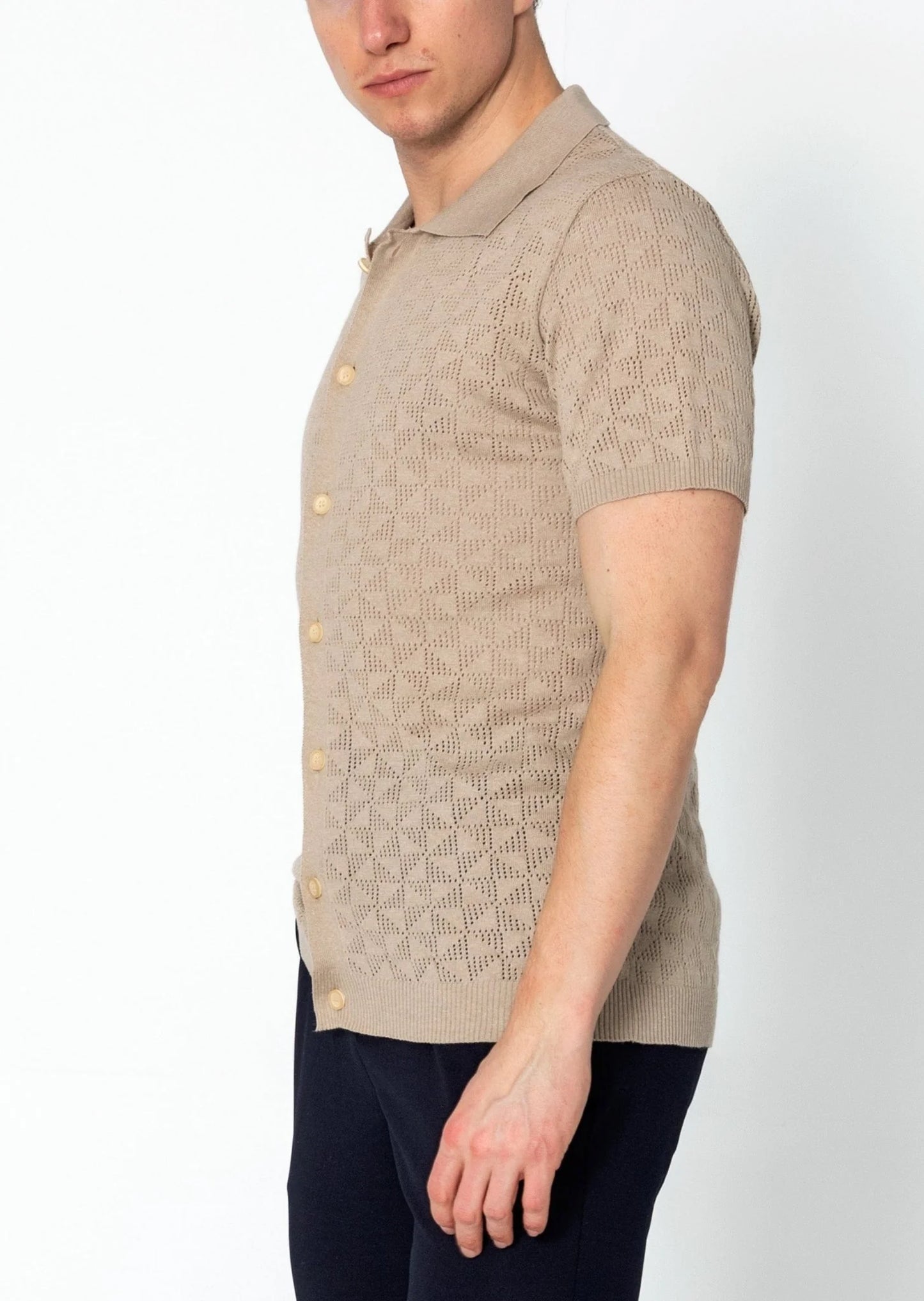 Geometric Crochet Knit Polo Stone