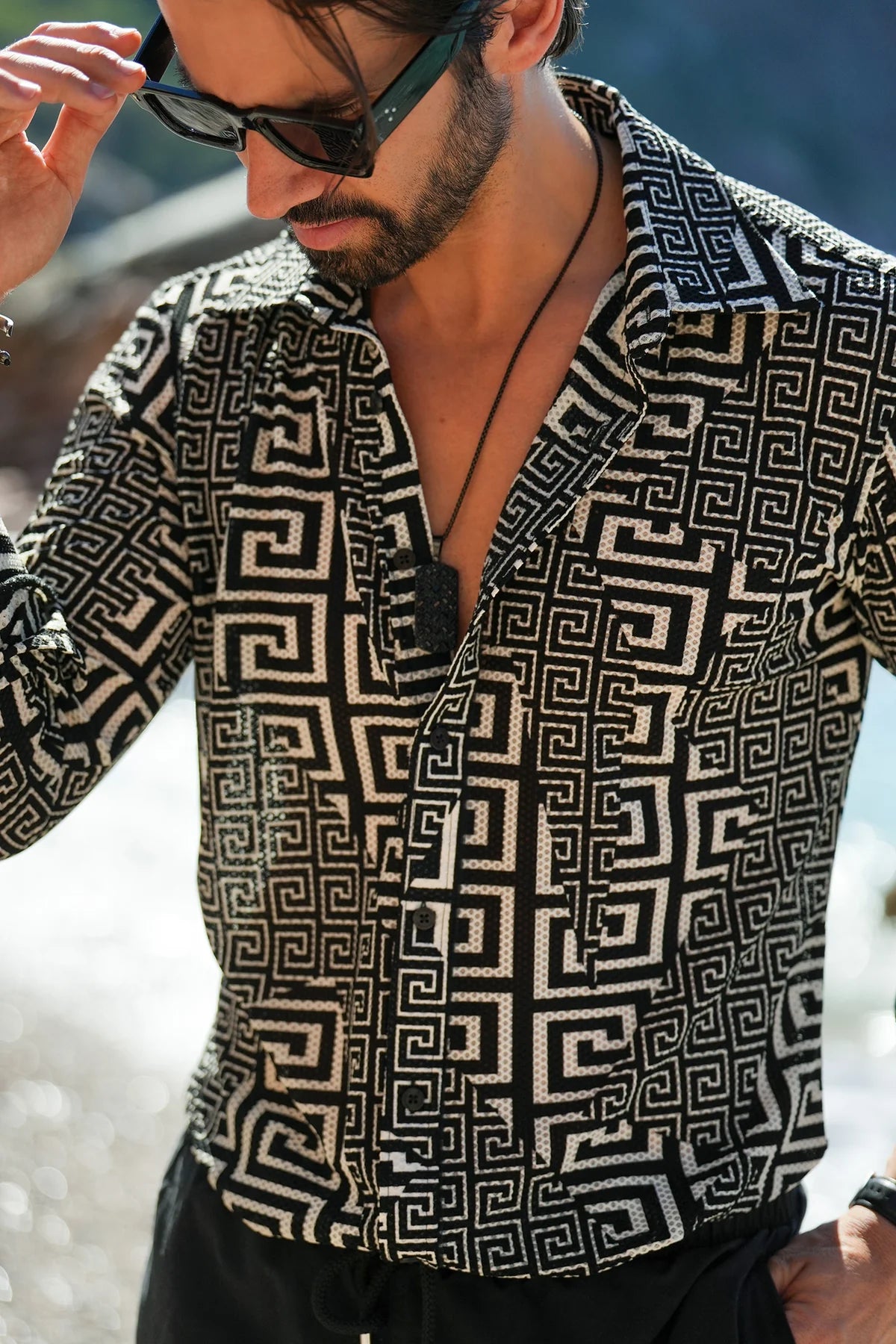 Mykonos Greek Key Pattern Long Sleeve Shirt