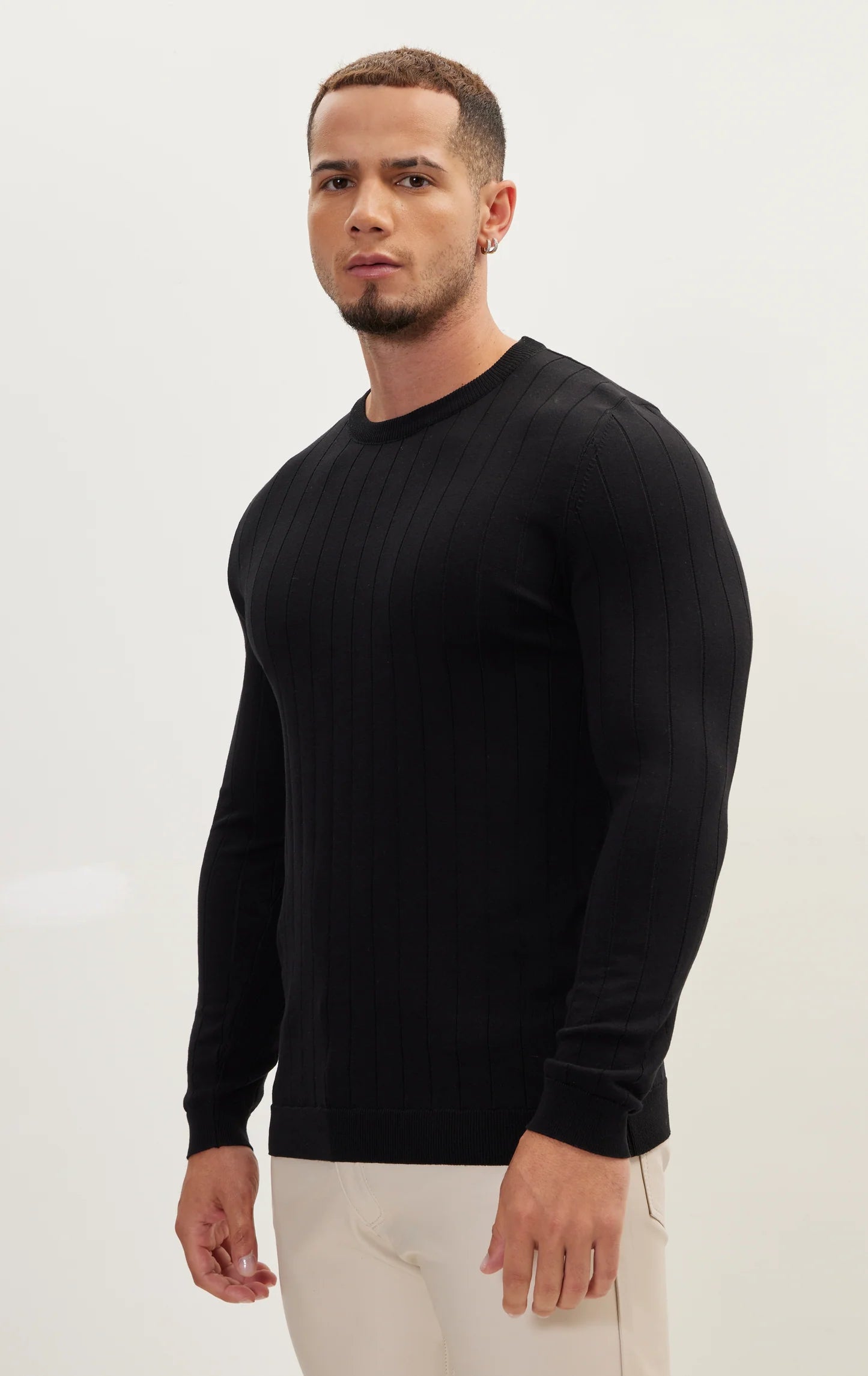 Slip-Stitch Crew neck long sleeve sweater - Black