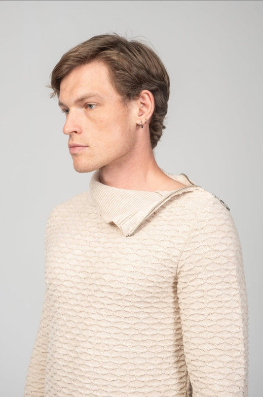 Neck Zipper Honeycombow Sweater Beige