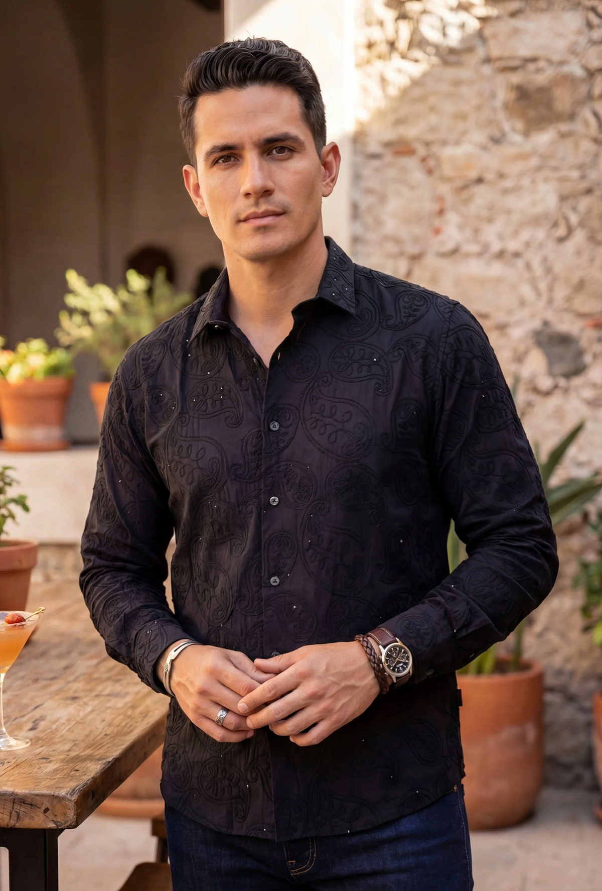 Hedged Embroidered Long Sleeve Shirt