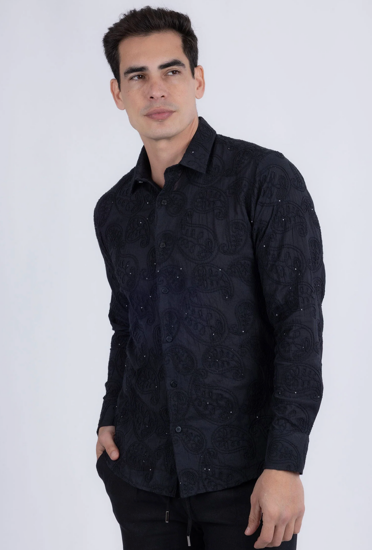 Hedged Embroidered Long Sleeve Shirt