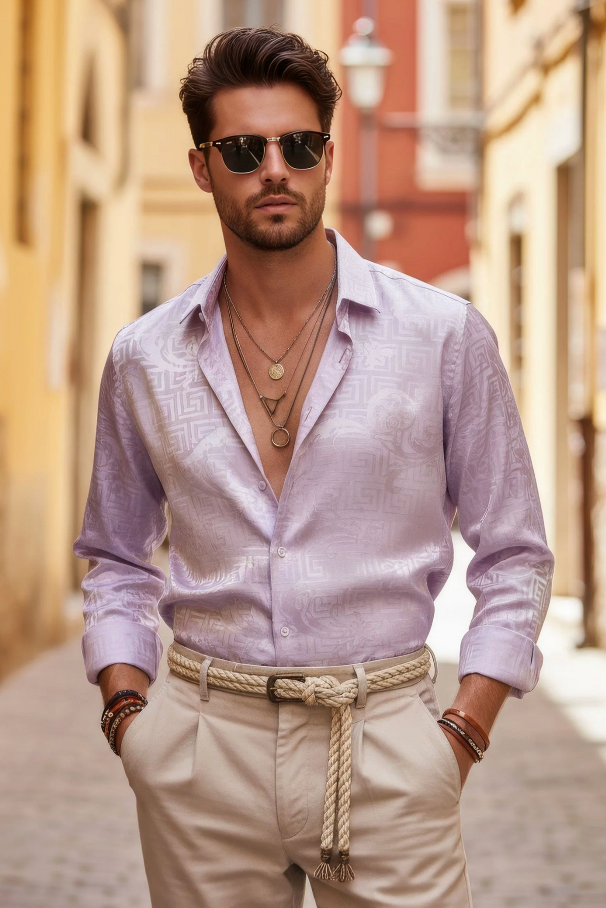Greek Key Jacquard Long Sleeve Shirt