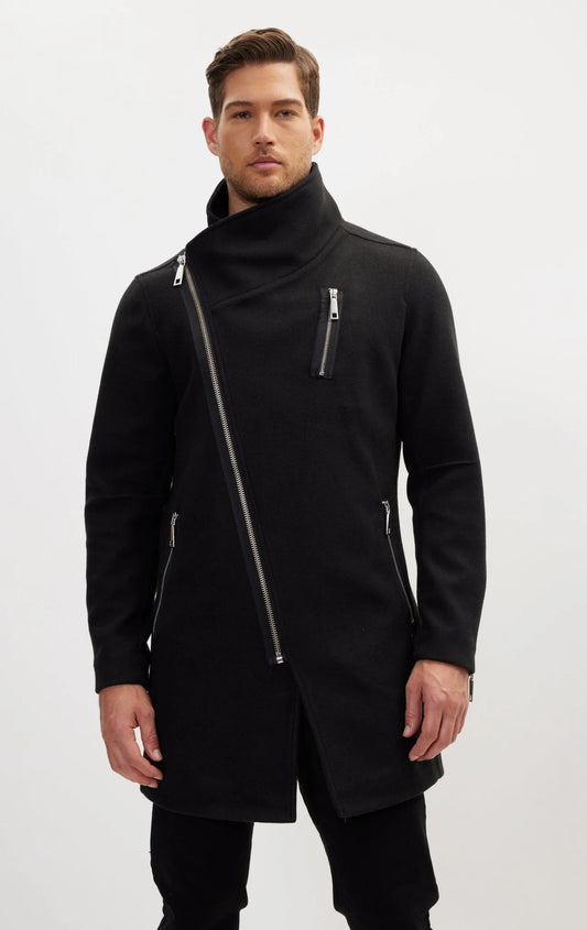 Asymmetrical Zipper Closure Coat Black