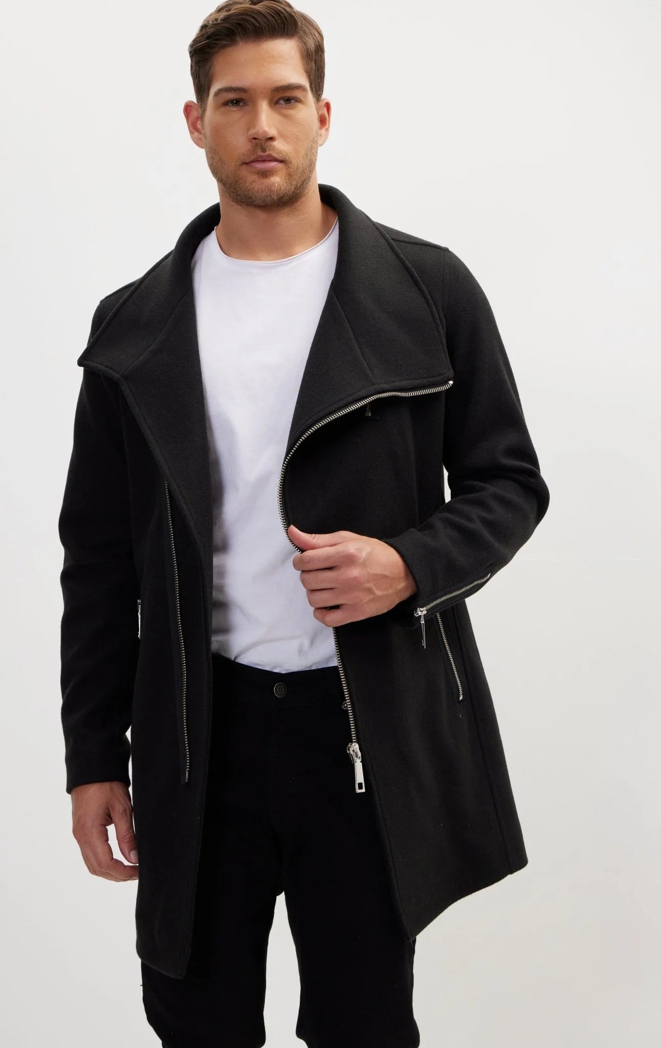 Asymmetrical Zipper Closure Coat Black