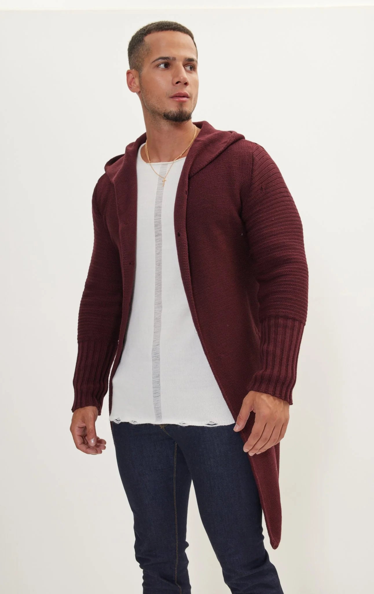 Ribbed Sleeves Fitted Cardigan Burgundy