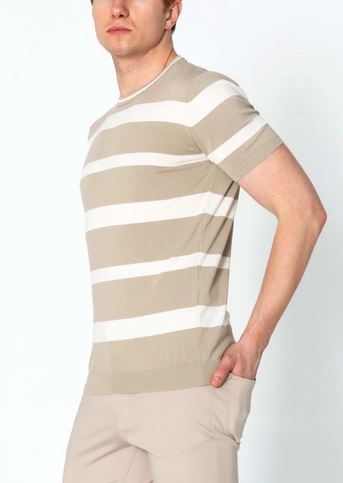 Crew-neck Knitted Striped Shirt - Dark Beige