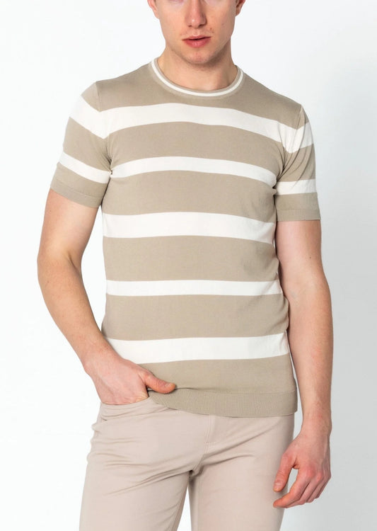 Crew-neck Knitted Striped Shirt - Dark Beige