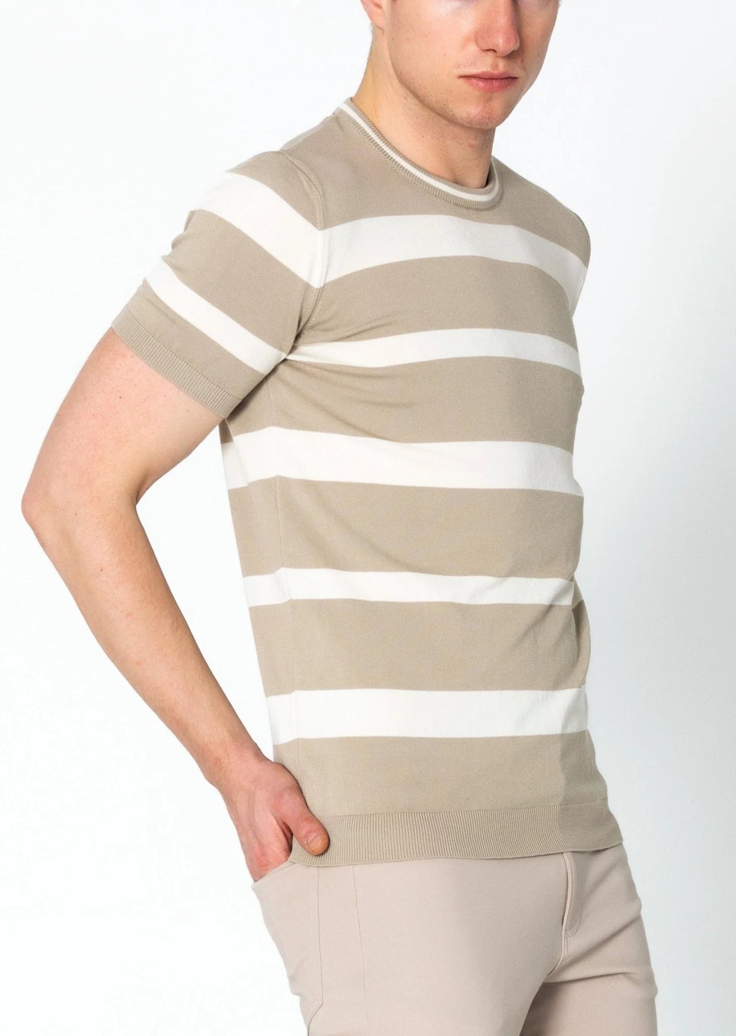 Crew-neck Knitted Striped Shirt - Dark Beige