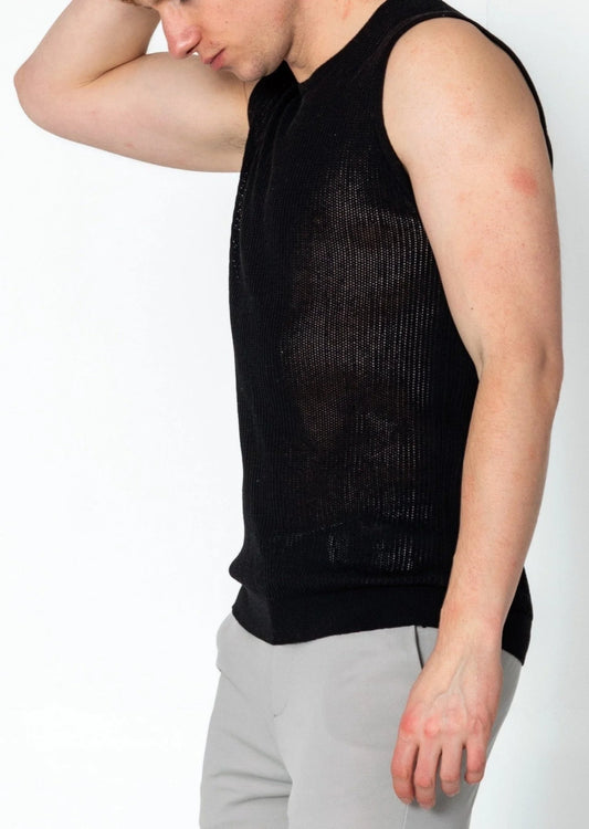 Crew Neck Mesh Tank Top Black