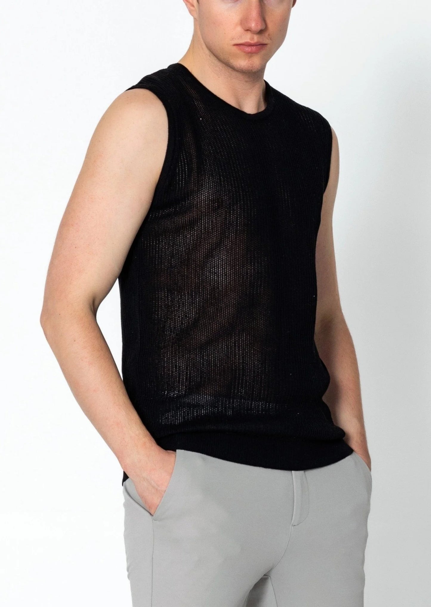 Crew Neck Mesh Tank Top Black