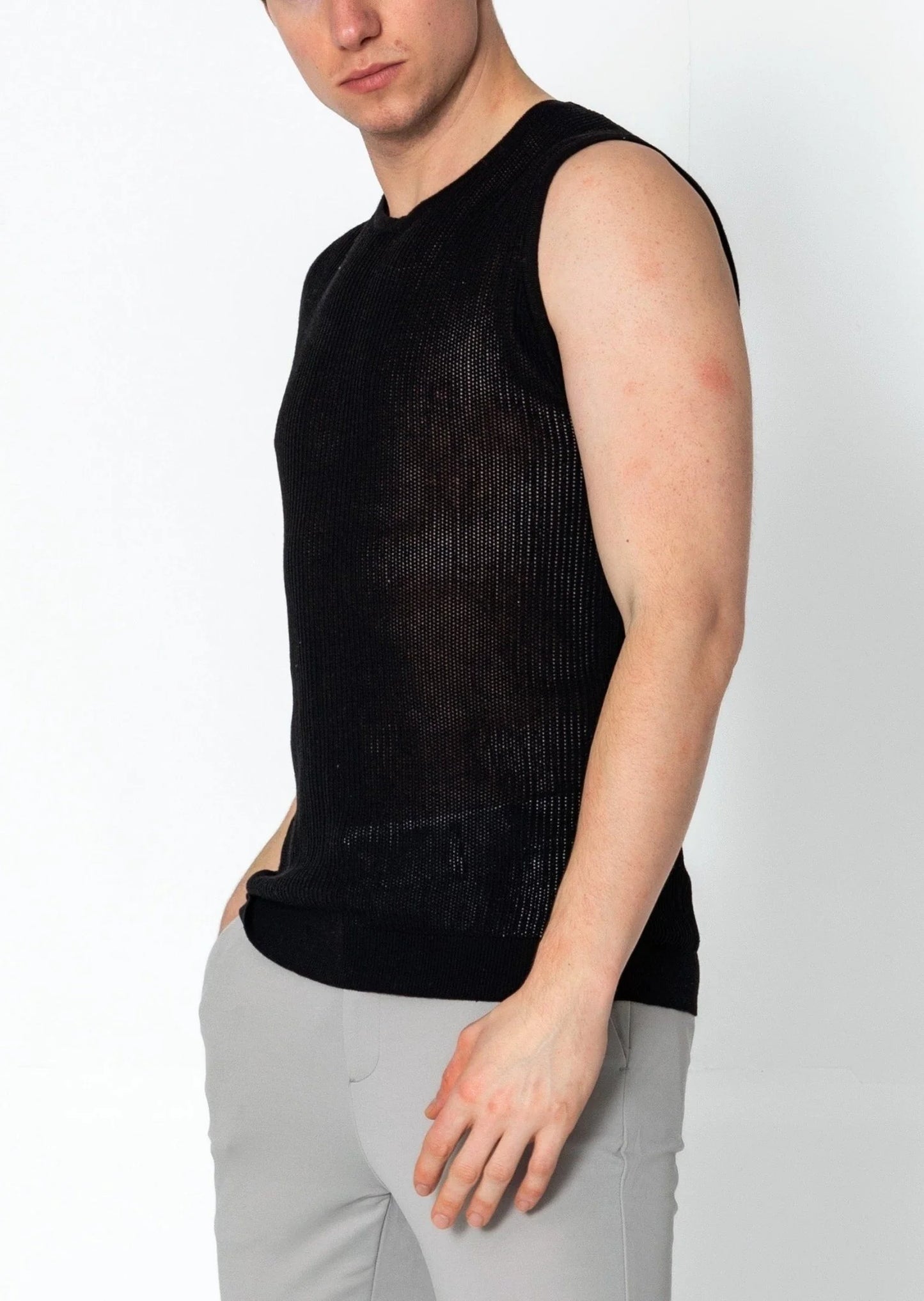 Crew Neck Mesh Tank Top Black