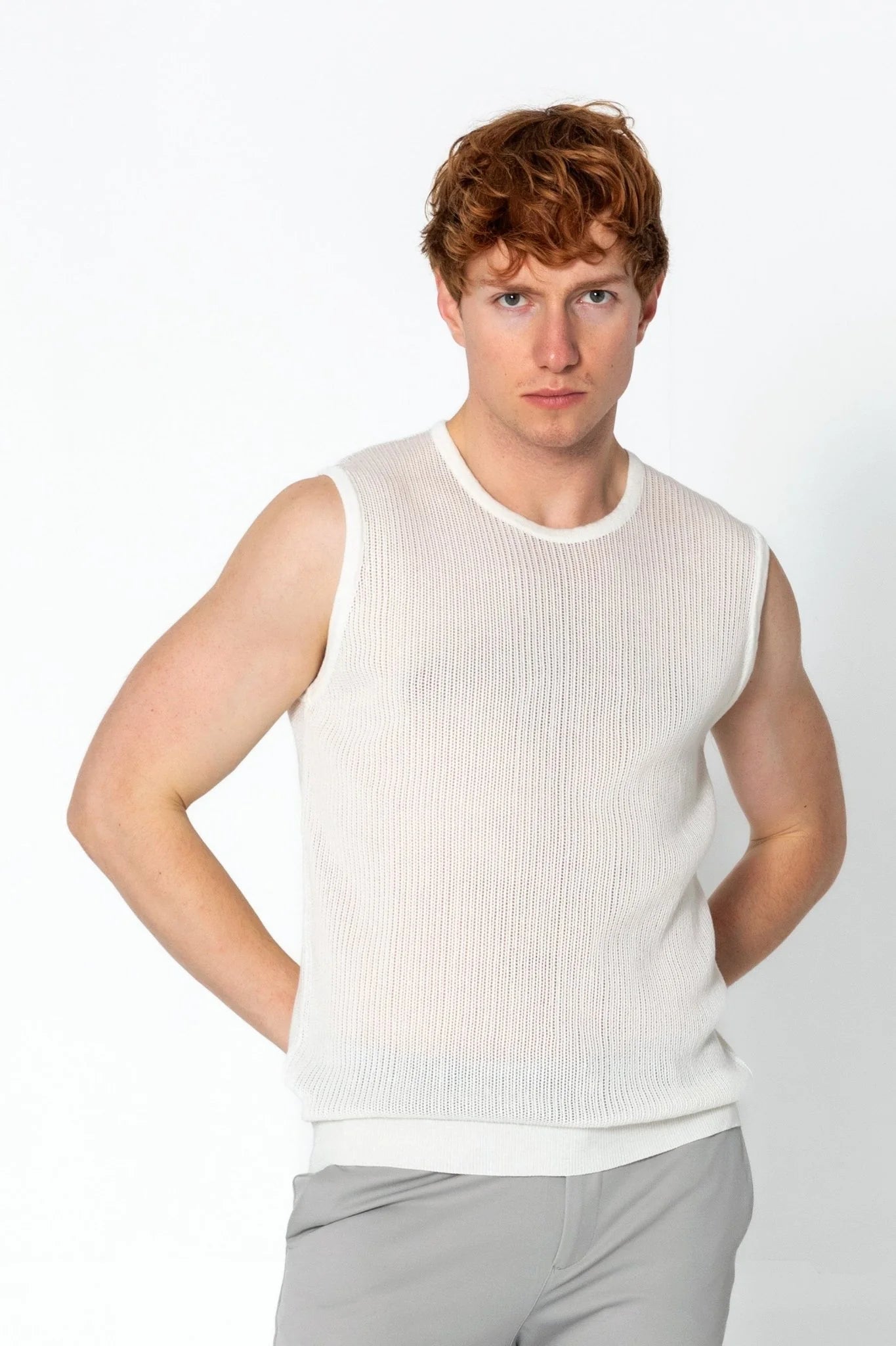 Crew Neck Mesh Tank Top - Off White