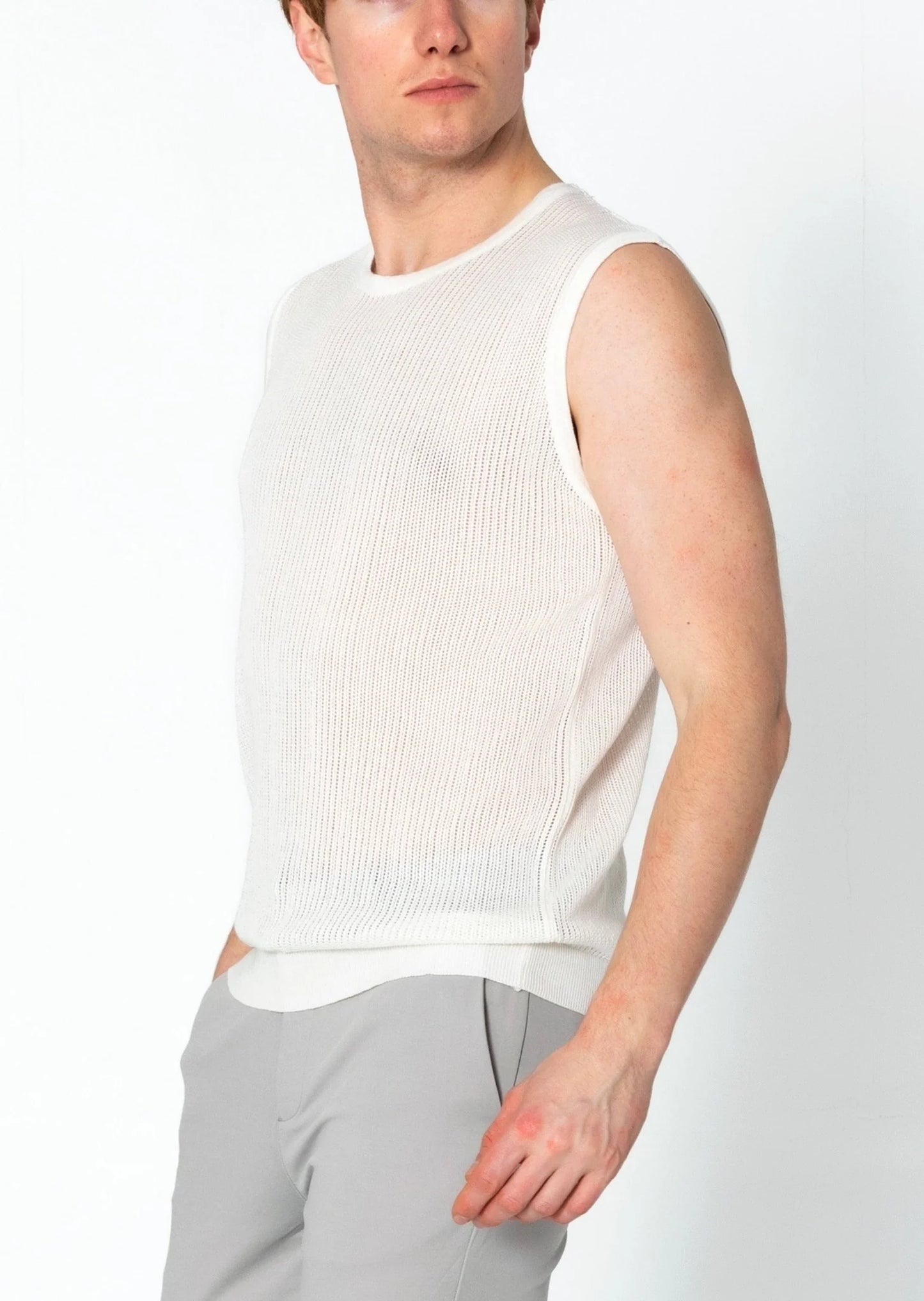 Crew Neck Mesh Tank Top - Off White