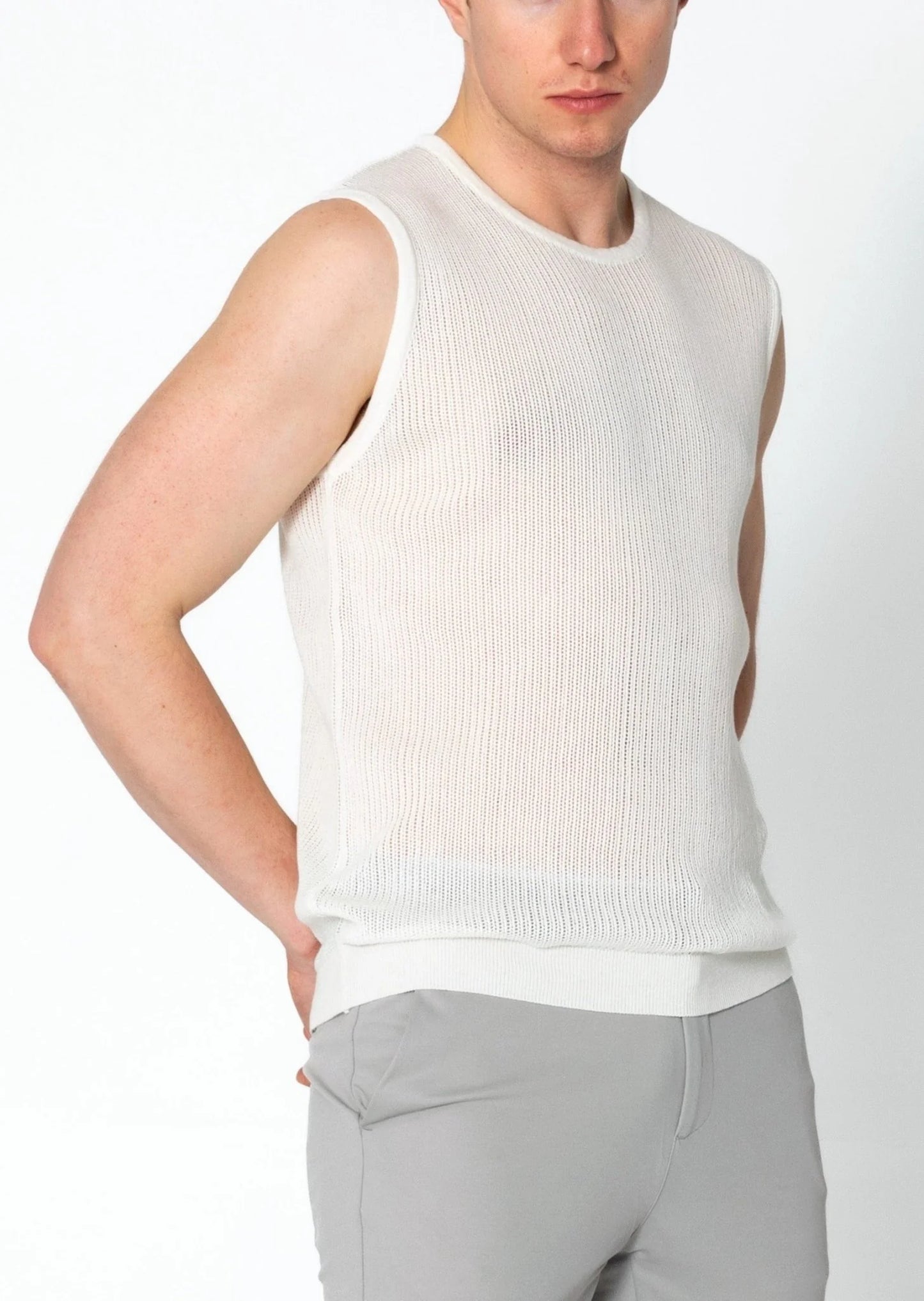 Crew Neck Mesh Tank Top - Off White