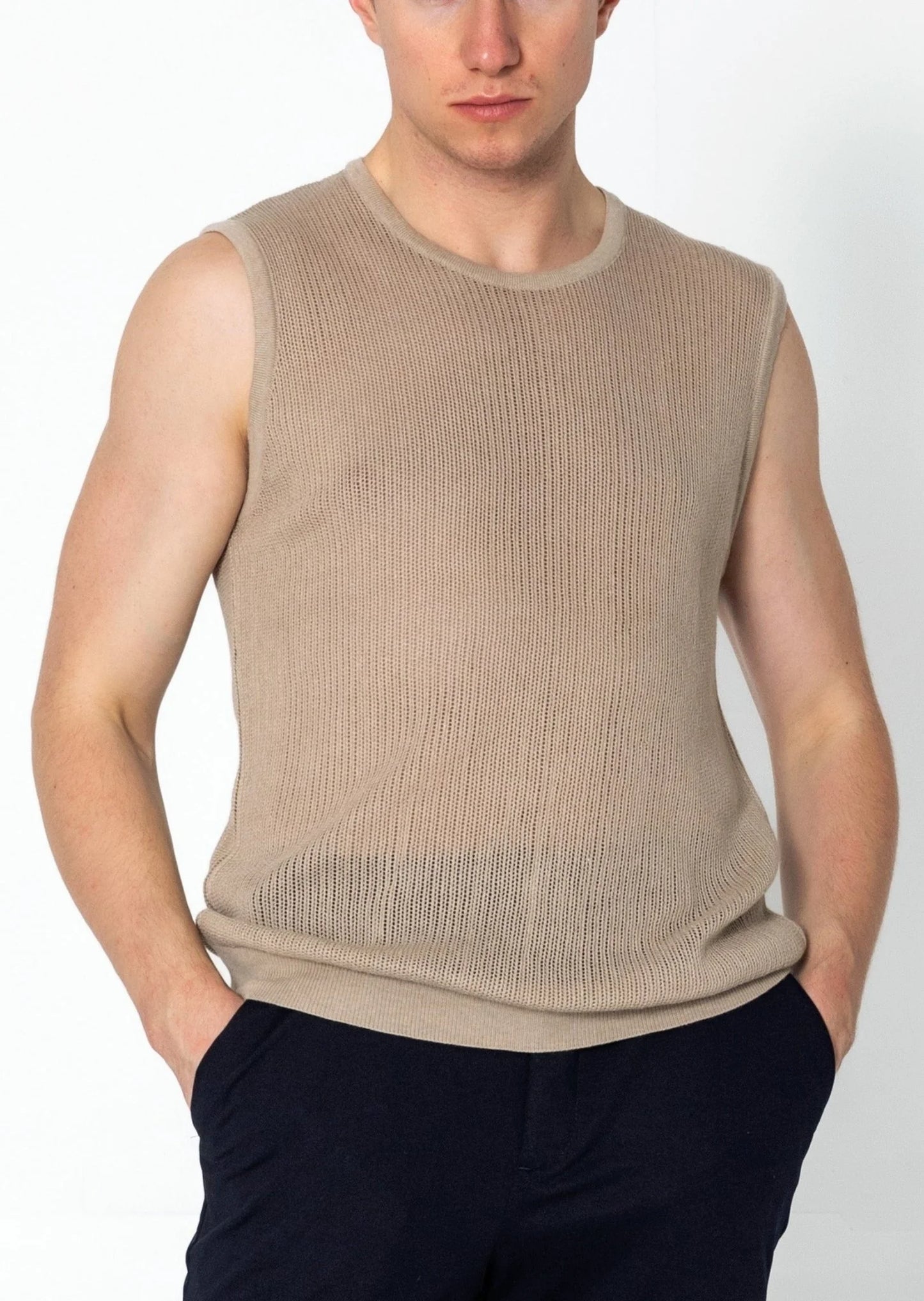 Crew Neck Mesh Tank Top - Stone