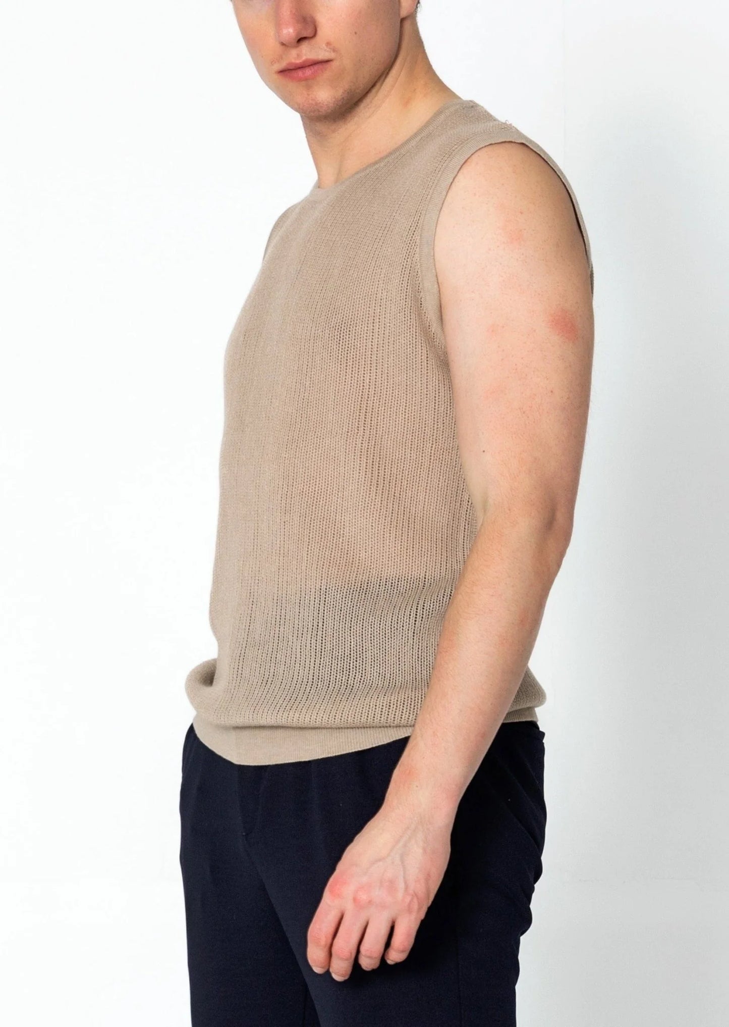 Crew Neck Mesh Tank Top - Stone