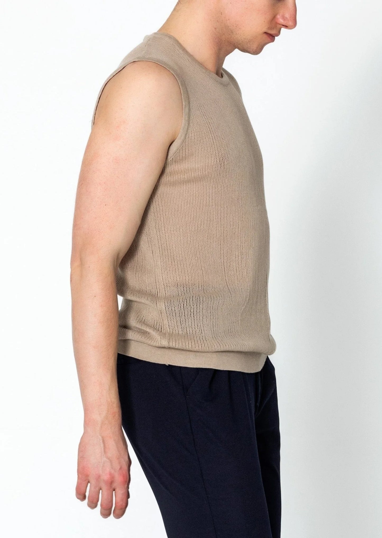 Crew Neck Mesh Tank Top - Stone