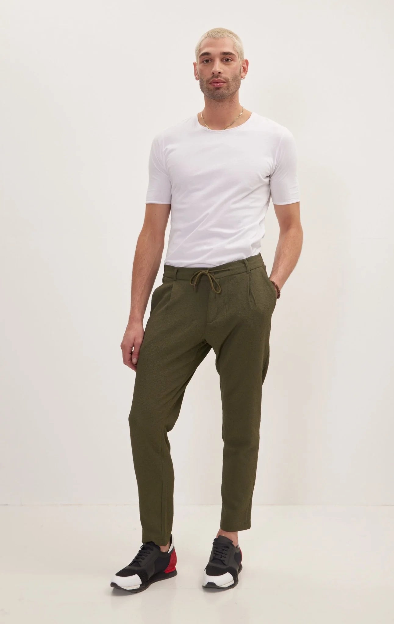 Front Pleated Waffle Pants - Green