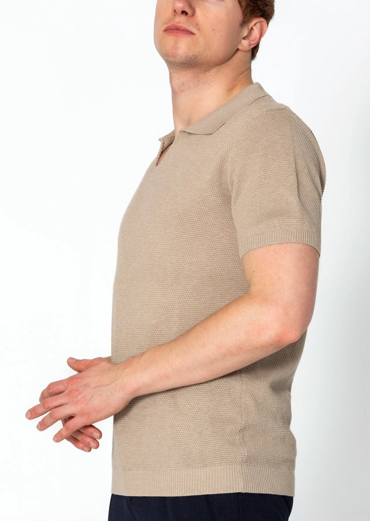 Jersey Knit V-neck Polo - Stone