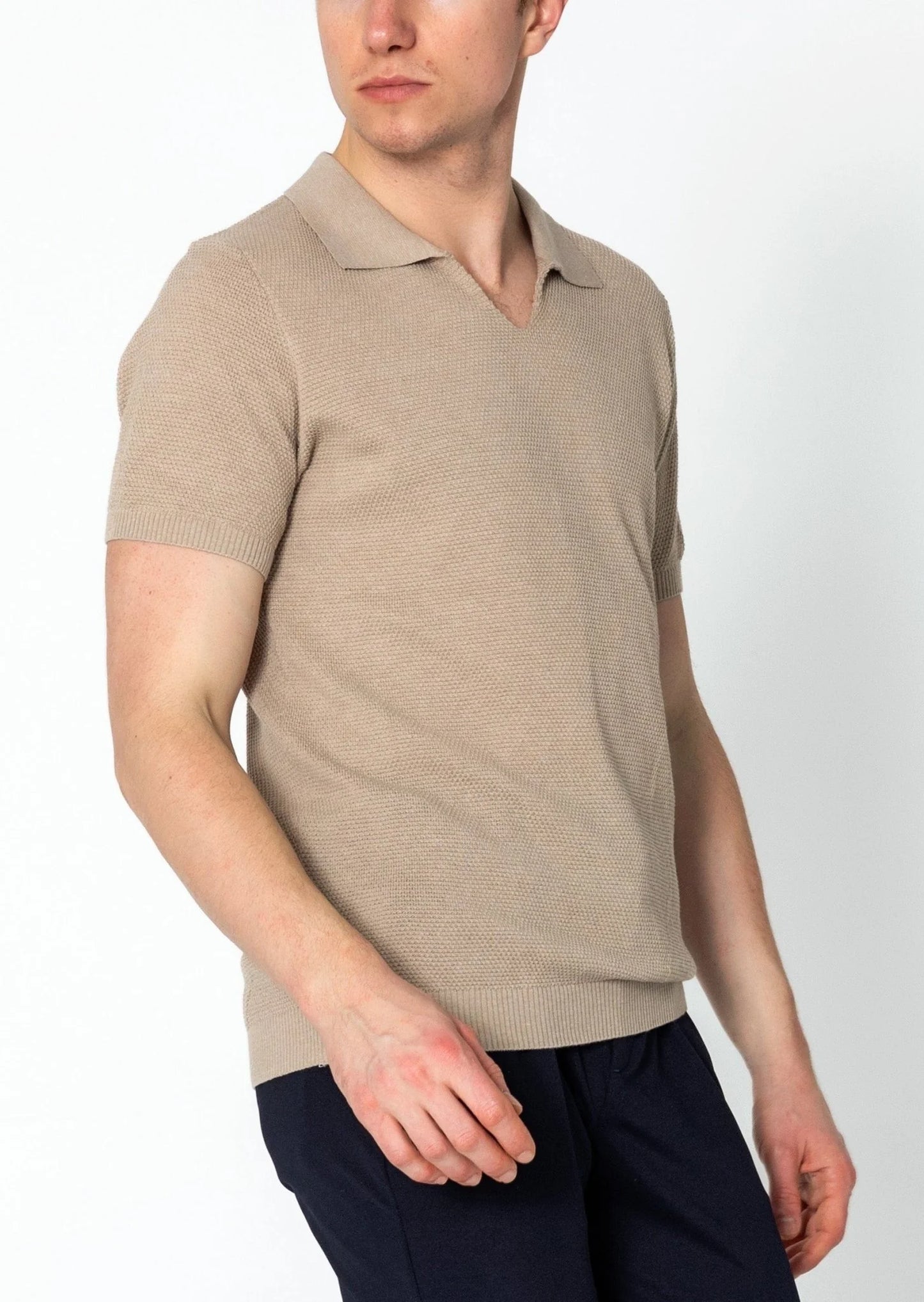 Jersey Knit V-neck Polo - Stone