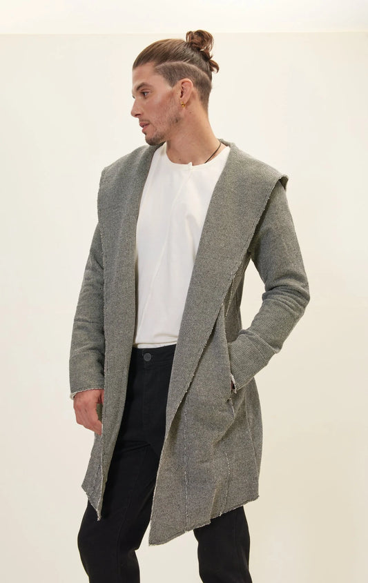 Longline Hooded Cardigan - Black White