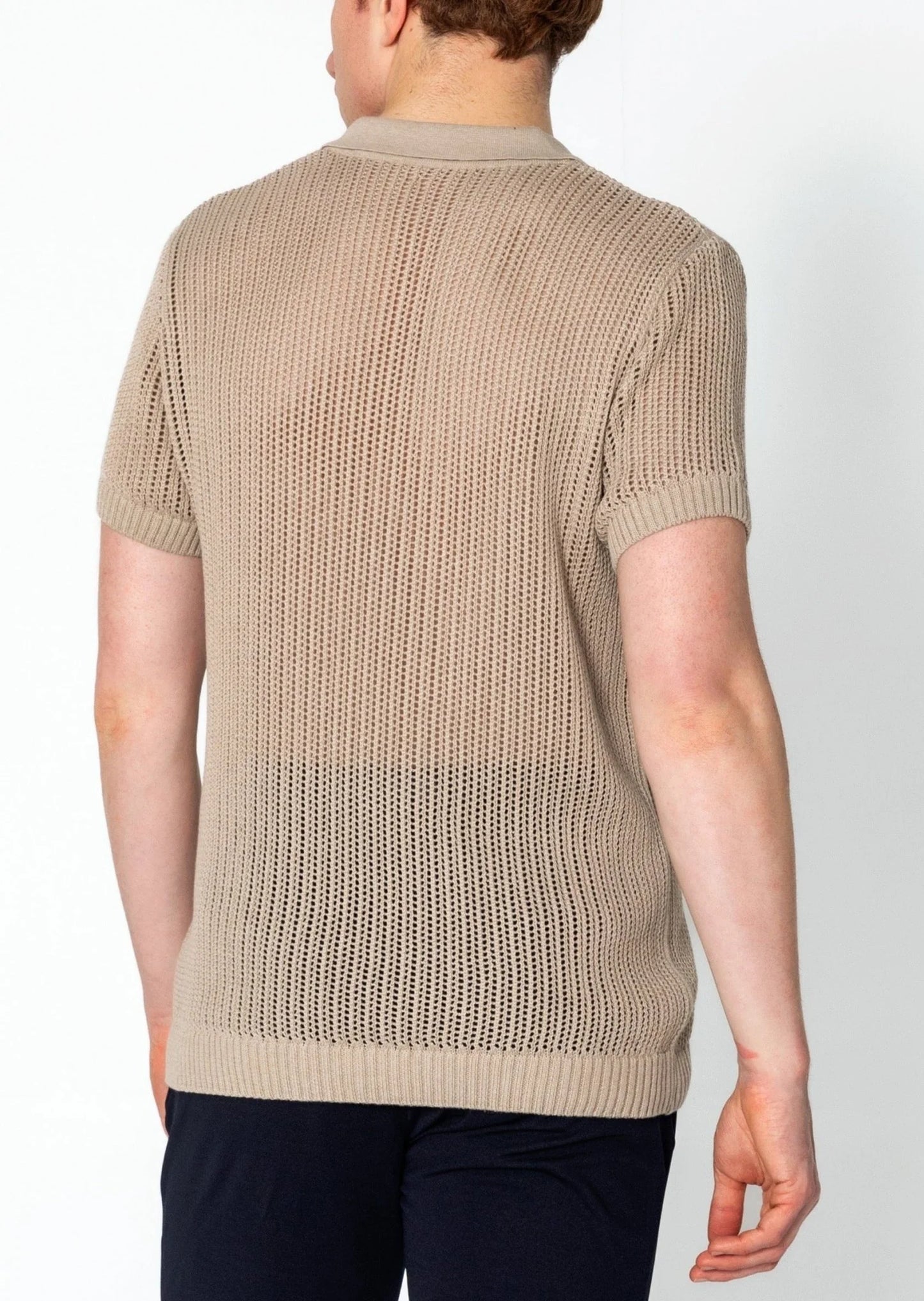 Openwork Knit Polo Tee - Stone