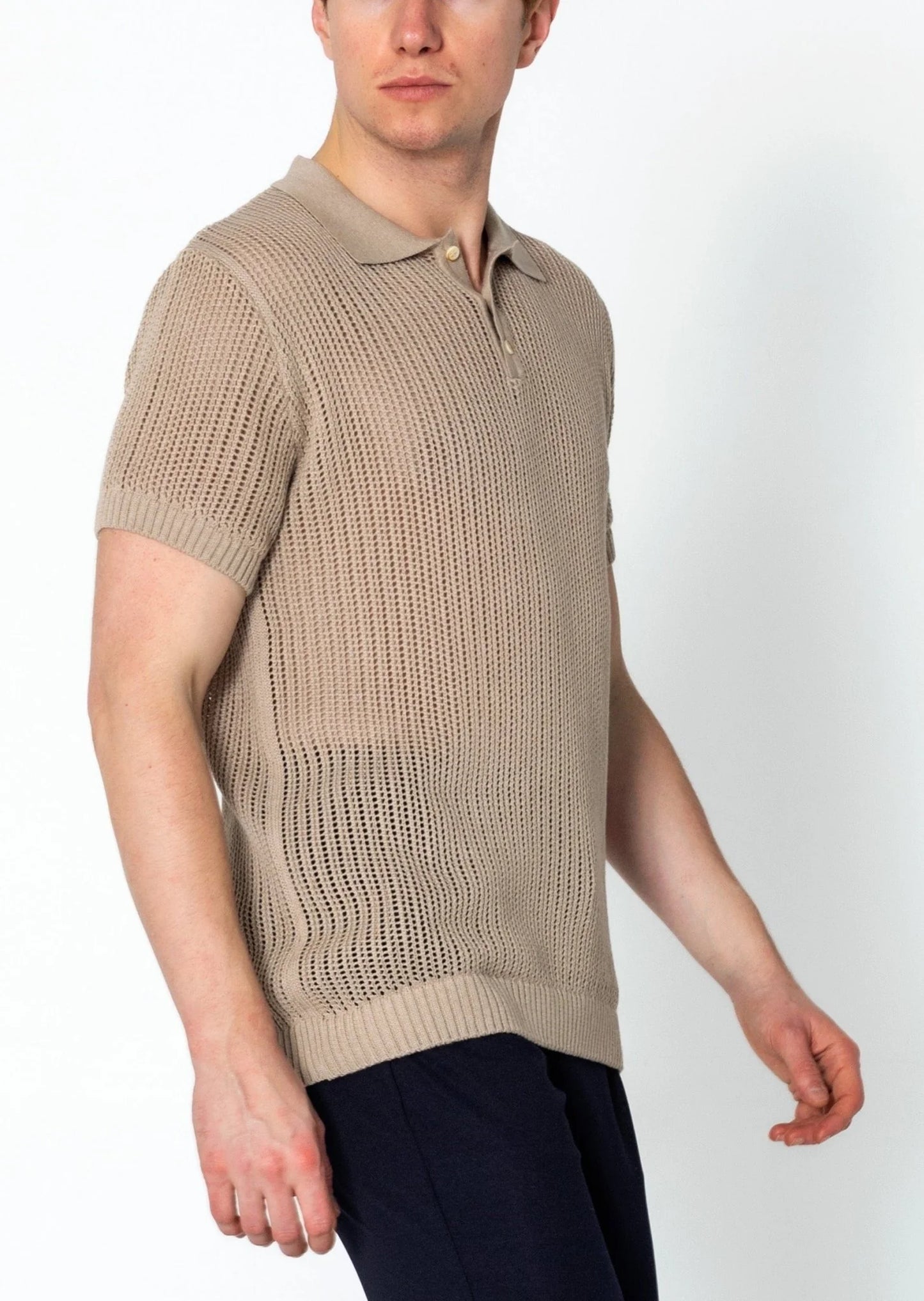 Openwork Knit Polo Tee - Stone