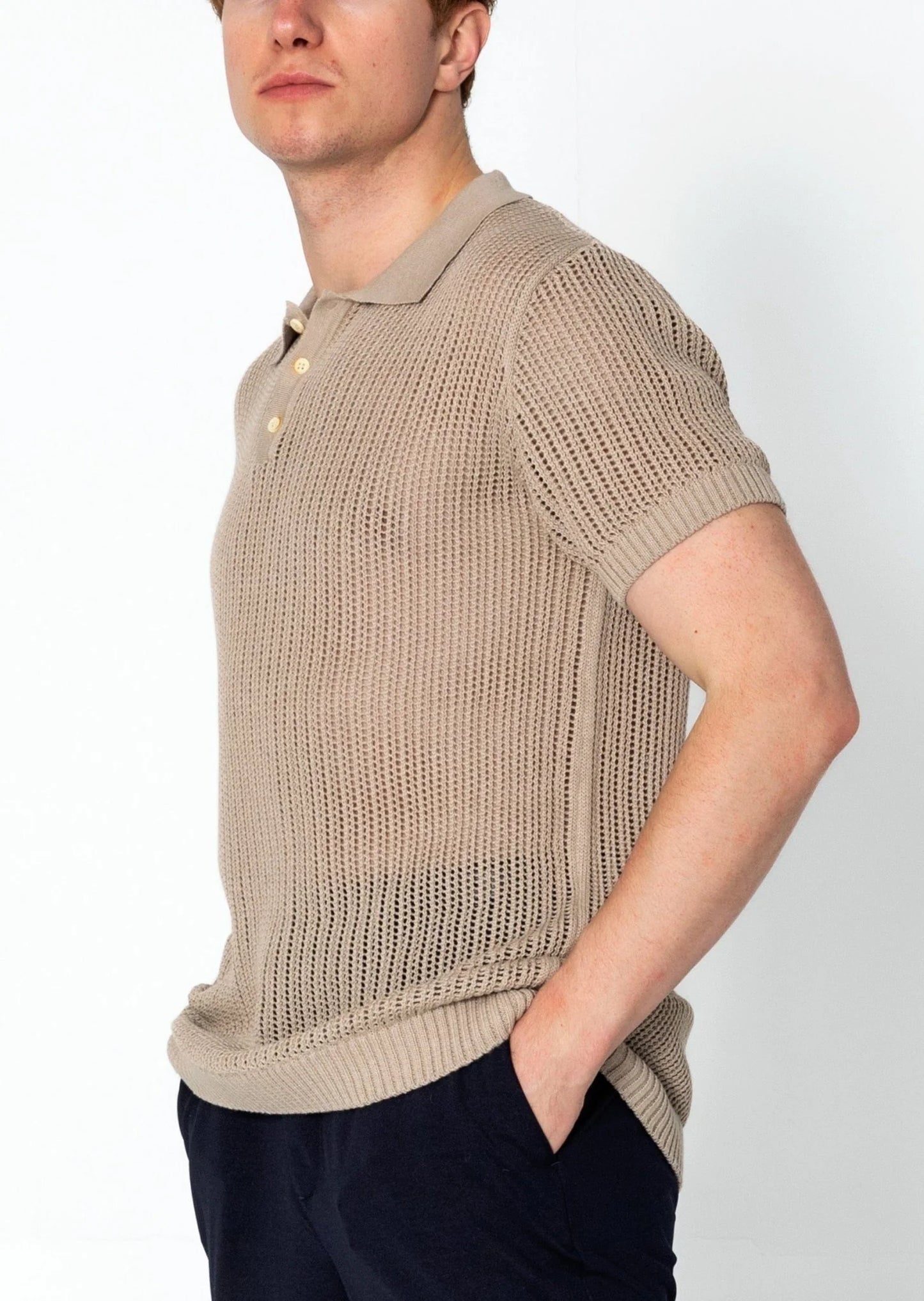 Openwork Knit Polo Tee - Stone