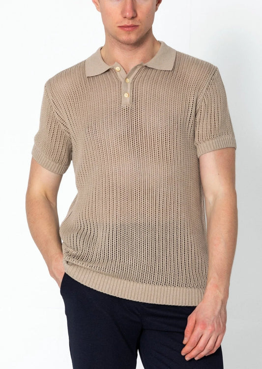 Openwork Knit Polo Tee - Stone