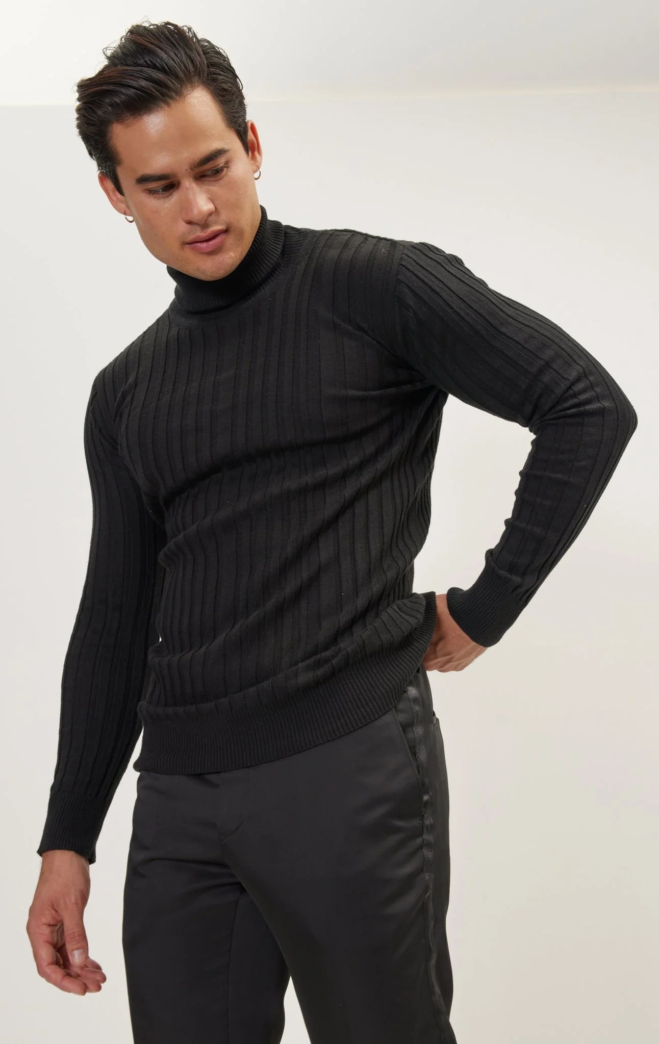 Roll Neck Ribbed Sweater - Black