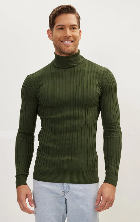 Roll Neck Ribbed Sweater Khaki