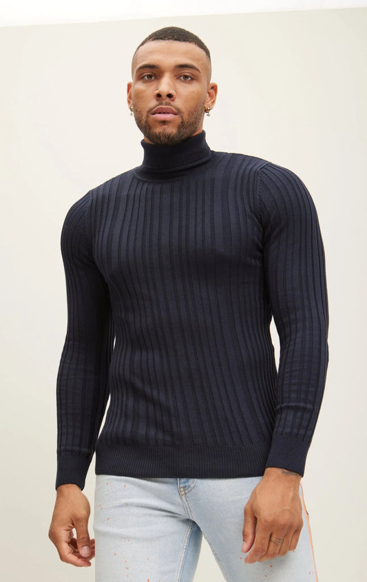 Roll Neck Ribbed Sweater -Navy